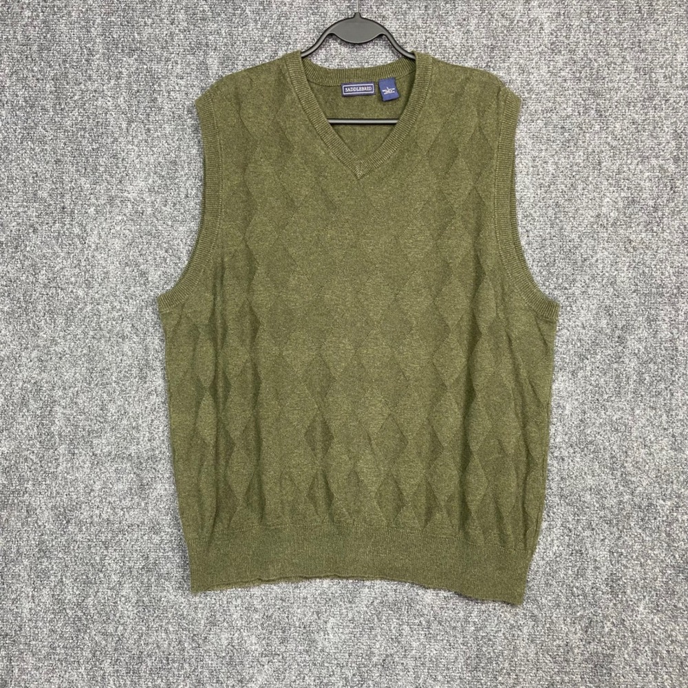 SADDLEBRED Men's Olive Green Argyle 100%‎ Cotton V-Neck Sweater Vest - Size L